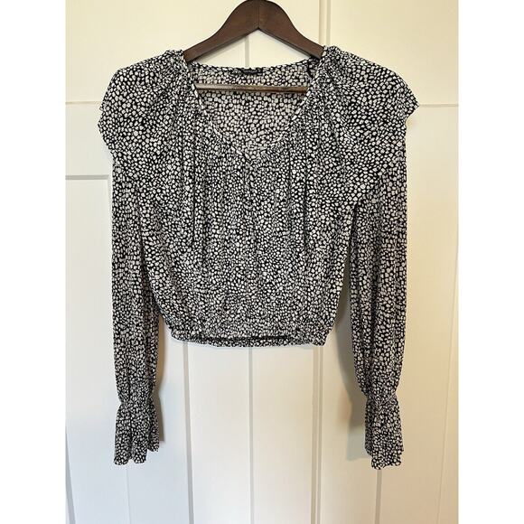 Zara Blouse Women's Size Small Ruffle Neck Crop Long Sleeve Boho Black & White - Picture 1 of 9